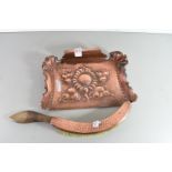 ARTS & CRAFTS COPPER CRUMB TRAY DECORATED WITH CENTRAL FLOWER AND ACCOMPANYING BRUSH