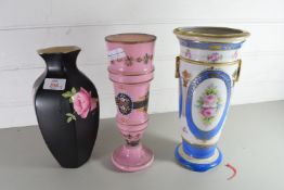 MIXED LOT COMPRISING A VICTORIAN PINK OPAQUE GLASS VASE, A NORITAKE FLORAL AND GILT DECORATED VASE