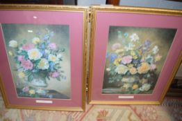 AFTER ALBERT WILLIAMS, TWO COLOURED FLORAL PRINTS, GILT F/G, 54CM HIGH
