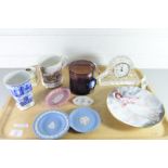 TRAY OF WEDGWOOD JASPERWARE PIN TRAYS, RINGTONS TEA MUG, COALPORT IRONBRIDGE MUSEUM MUG, WEDGWOOD