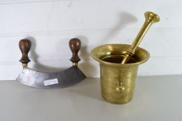 ANTIQUE BRASS MORTAR AND PESTLE TOGETHER WITH A STEEL BLADED DOUBLE HANDLED HERB CHOPPER