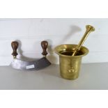 ANTIQUE BRASS MORTAR AND PESTLE TOGETHER WITH A STEEL BLADED DOUBLE HANDLED HERB CHOPPER
