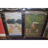 TWO 20TH CENTURY INDIAN PAINTINGS OF FIGURES ON SILK, MOUNTED BUT NOT FRAMED, 84CM HIGH