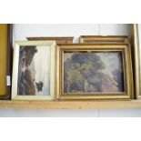 MIXED LOT COMPRISING EARLY 20TH CENTURY SCHOOL STUDY OF A THATCHED BARN WITH SHEEP, OIL ON CANVAS,