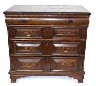 17th century and later oak chest of four drawers, decorated with mitred detail and set with panelled