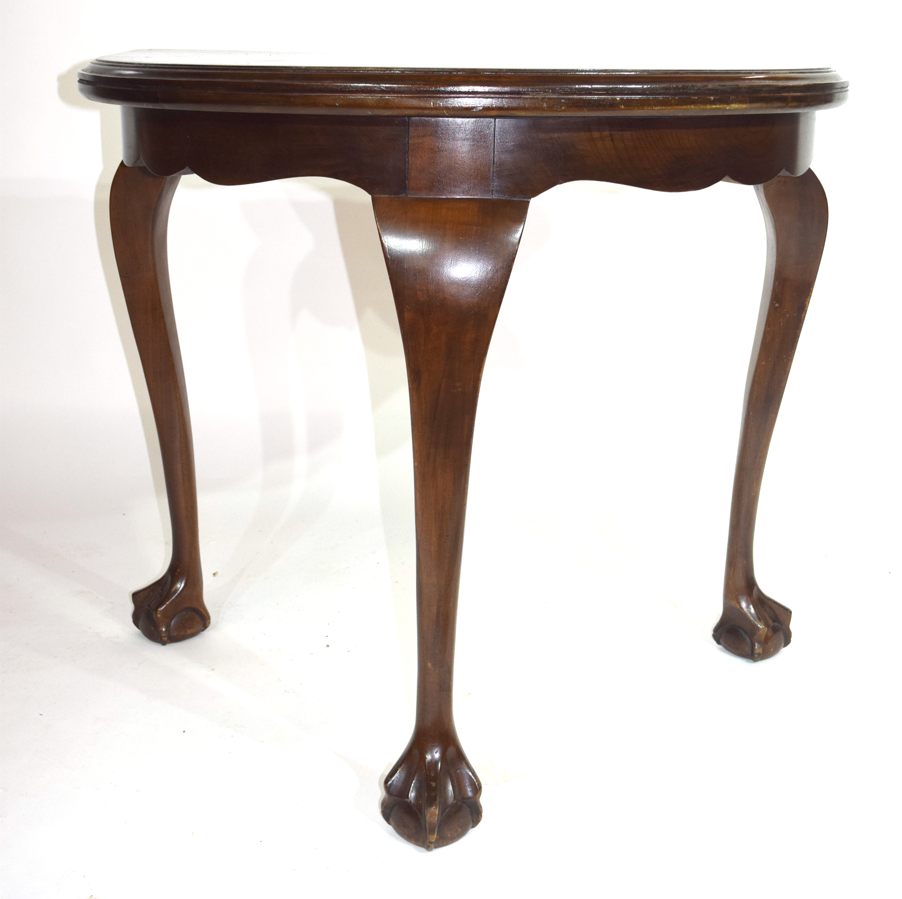 Edwardian mahogany demi-lune side table raised on three cabriole legs with ball and claw feet - Image 6 of 7