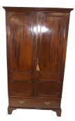 19th century mahogany wardrobe with moulded cornice over two panelled doors and single drawer