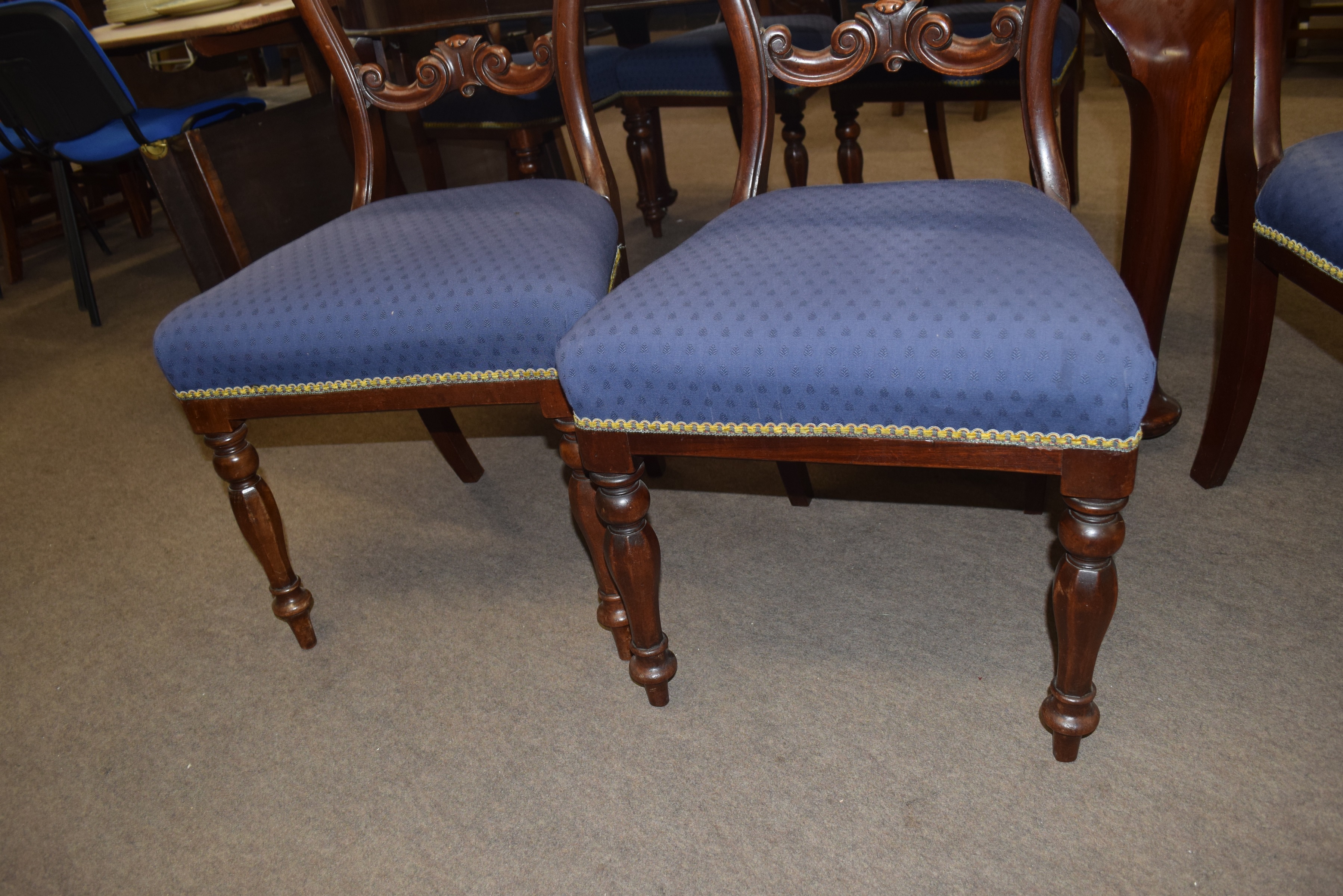 Set of six Victorian mahogany bar back dining chairs comprising two carvers with scrolled arms and - Image 7 of 10