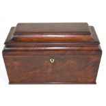 Georgian mahogany sarcophagus formed tea caddy, the hinged lid opening to an interior with two