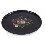 Papier mache type tray, the centre decorated with flowers and fruit within a loop border, 52cm