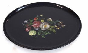 Papier mache type tray, the centre decorated with flowers and fruit within a loop border, 52cm