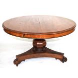 Victorian mahogany pedestal dining table, the circular top over a bulbous pedestal raised on a