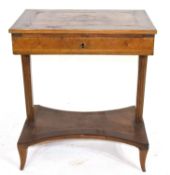 19th century Continental metamorphic desk or work table, the inlaid sliding top opening to reveal