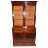 Full height mahogany side cabinet with glazed bookcase raised over double cupboard, width approx