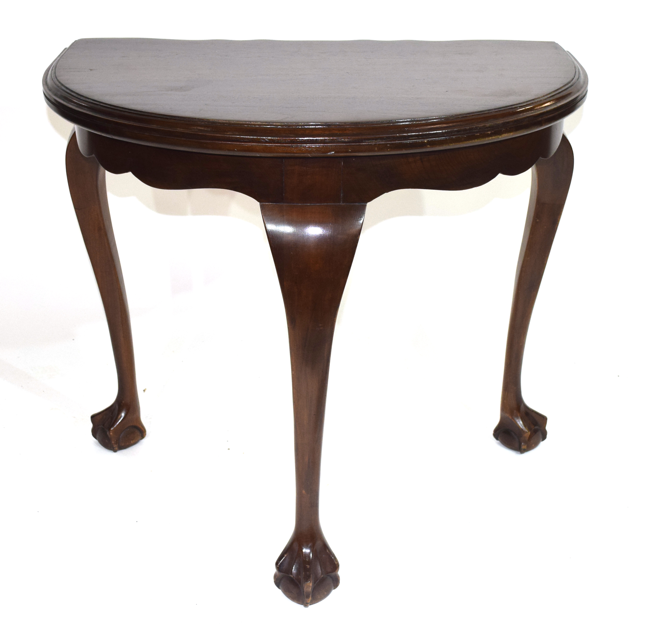 Edwardian mahogany demi-lune side table raised on three cabriole legs with ball and claw feet - Image 2 of 7