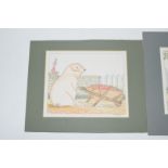 Watercolour of a pig pushing a wheelbarrow of apples s