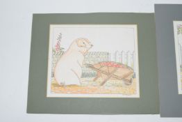 Watercolour of a pig pushing a wheelbarrow of apples s
