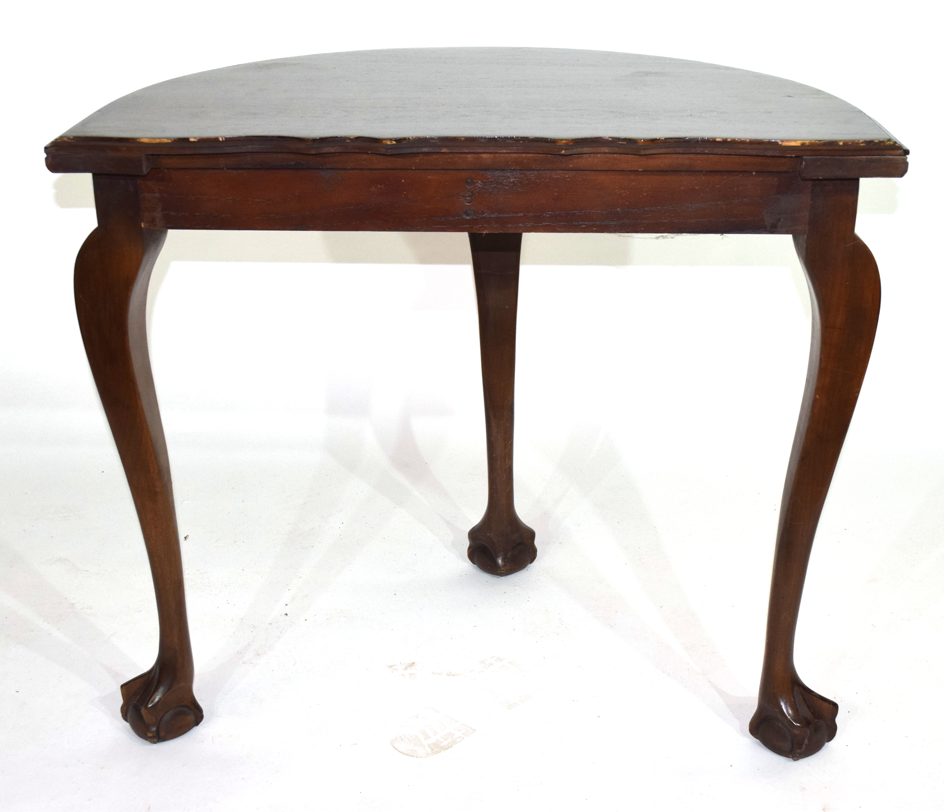 Edwardian mahogany demi-lune side table raised on three cabriole legs with ball and claw feet - Image 7 of 7