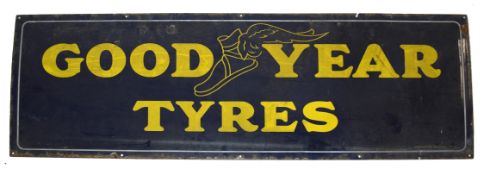 Vintage enamel advertising sign for Goodyear Tyres, yellow lettering on a blue background 153cm