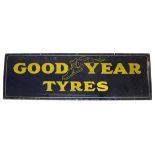 Vintage enamel advertising sign for Goodyear Tyres, yellow lettering on a blue background 153cm