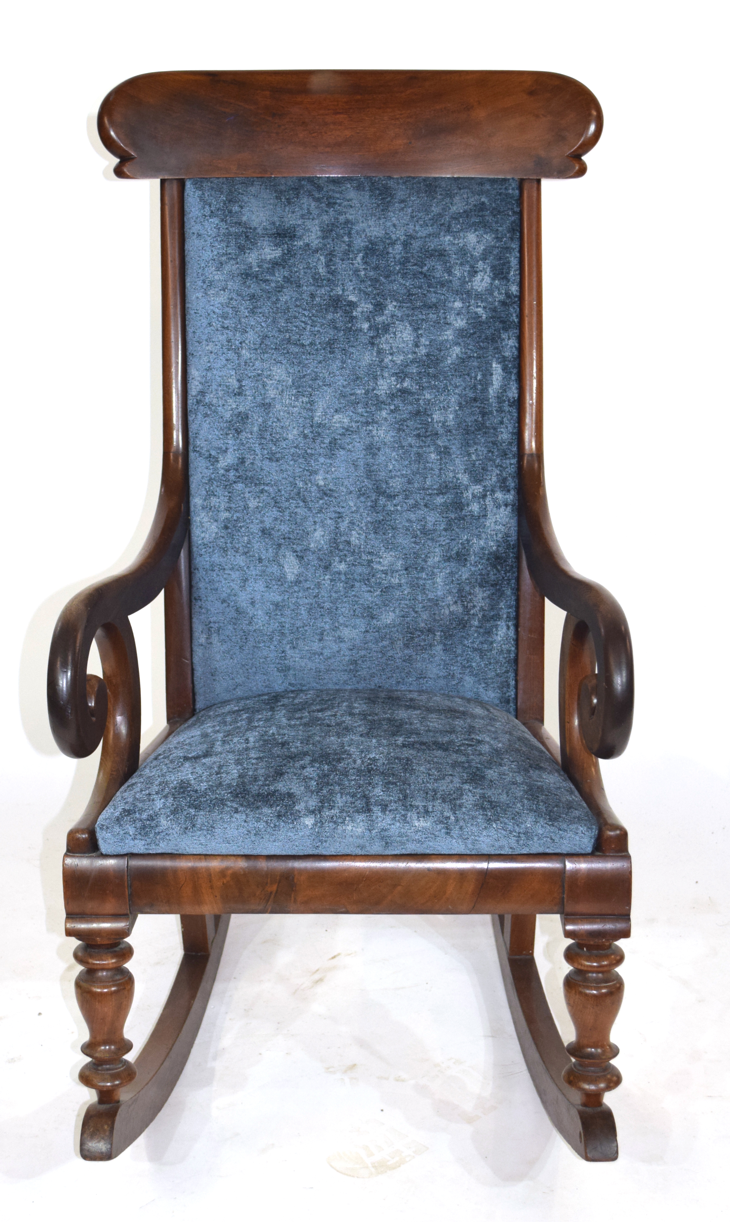 A mahogany framed bar back rocking chair upholstered in blue fabric 104cm in Height Condition: