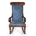 A mahogany framed bar back rocking chair upholstered in blue fabric 104cm in Height Condition: