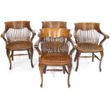 Set of four late 19th century North country oak bow and spindle back chairs
