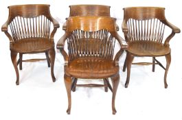 Set of four late 19th century North country oak bow and spindle back chairs