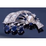Diamond, Sapphire and Pearl spray brooch