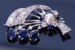 Diamond, Sapphire and Pearl spray brooch