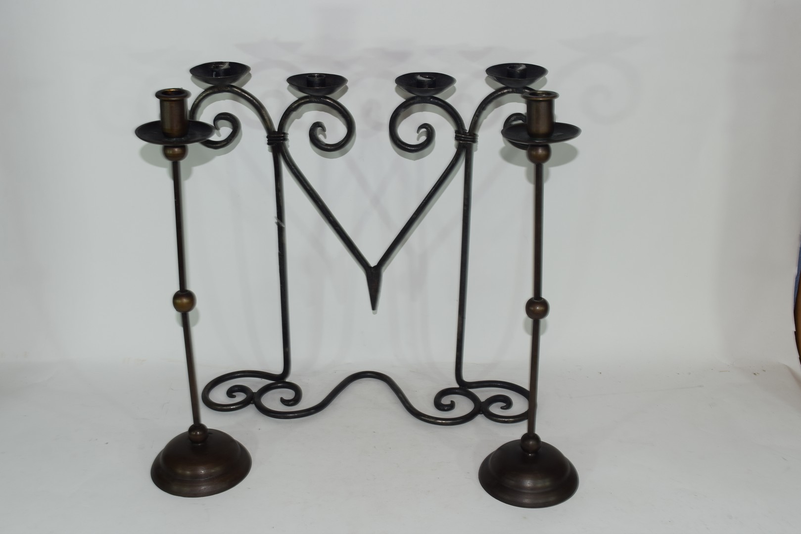 20th century iron four-light candelabra together with a pair of candlesticks (3) Condition: Good - Image 3 of 8