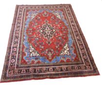 Rich red ground full pile Persian Serouke Carpet, floral medallion design 296cm x 200cm