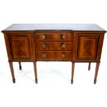 Edwardian mahogany sideboard with three drawers fitted with brass ringlet handles and two panelled