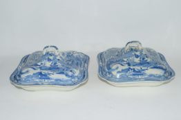 Pair of English pottery flow blue vegetable tureens