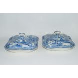 Pair of English pottery flow blue vegetable tureens