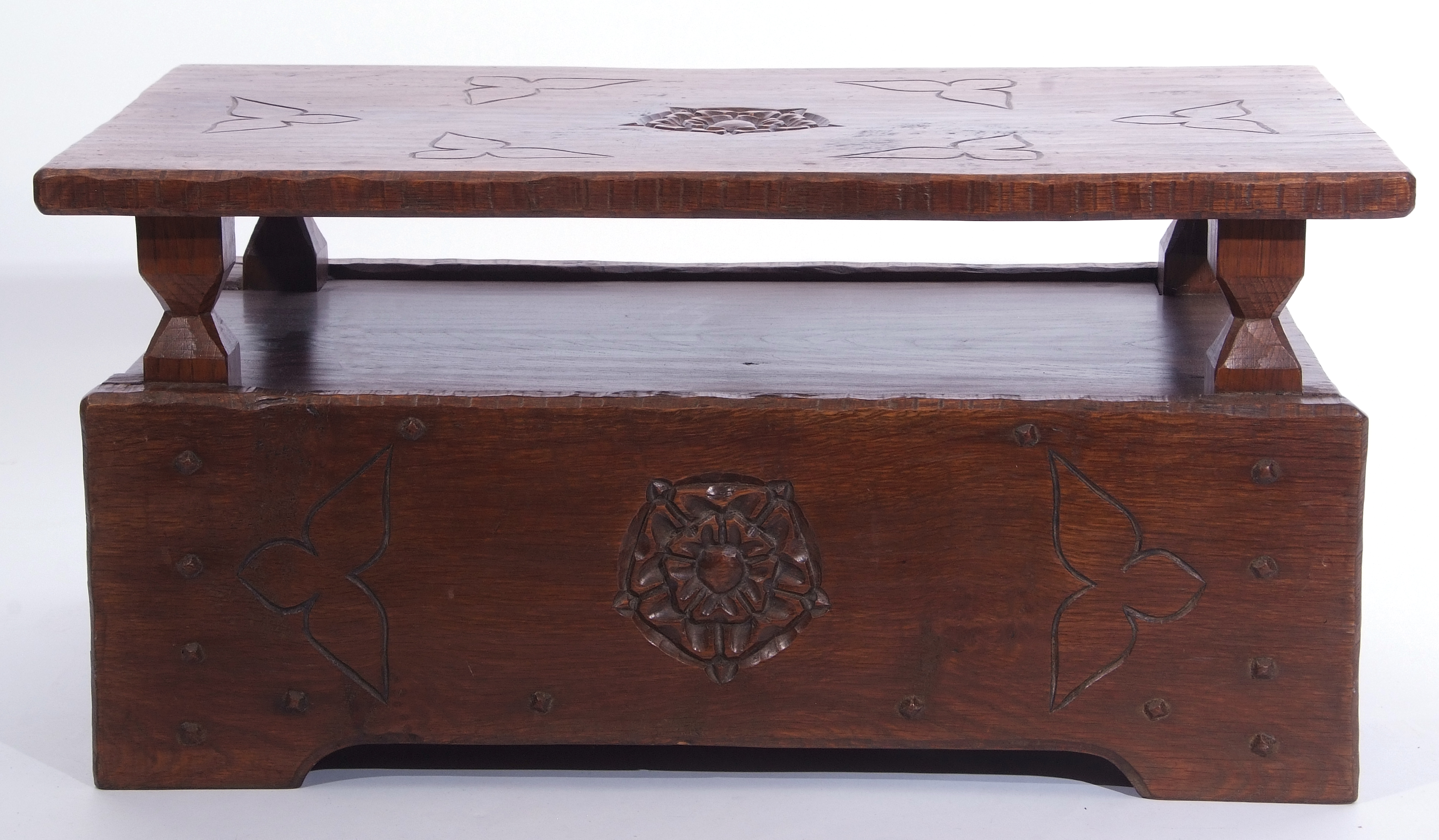 Jack Grimble of Cromer Oak coffee table with drop down storage end, carved with Tudor Rose detail - Image 7 of 9