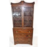 Georgian mahogany secretaire cabinet, top section with a shaped cornice over astragal glazed doors