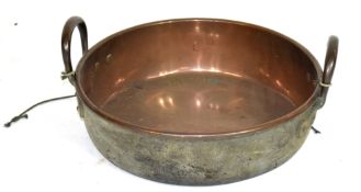Large copper twin handled cooking pan, diam approx 36cm Condition: