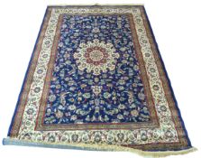 Rich blue ground full pile Kashmir Charbass medallion design 240cm x 156cm