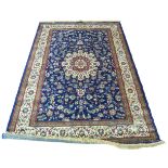 Rich blue ground full pile Kashmir Charbass medallion design 240cm x 156cm