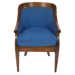 Late 19th/early 20th century mahogany framed tub chair with blue upholstery, 58cm wide Condition: