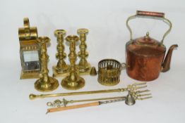 Mixed Lot of copper and brass wares comprising a Victorian warming pan, a kettle, two pairs of