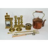 Mixed Lot of copper and brass wares comprising a Victorian warming pan, a kettle, two pairs of