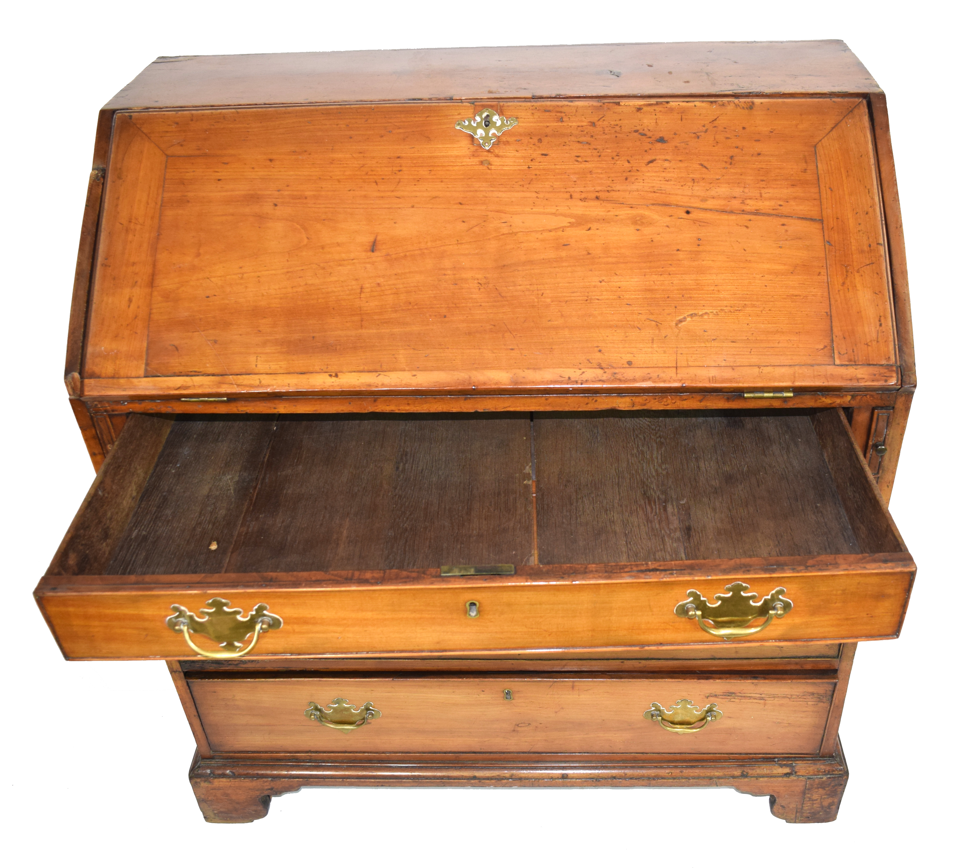 George III faded mahogany bureau with fall front opening to a shelved interior over four long - Image 3 of 4