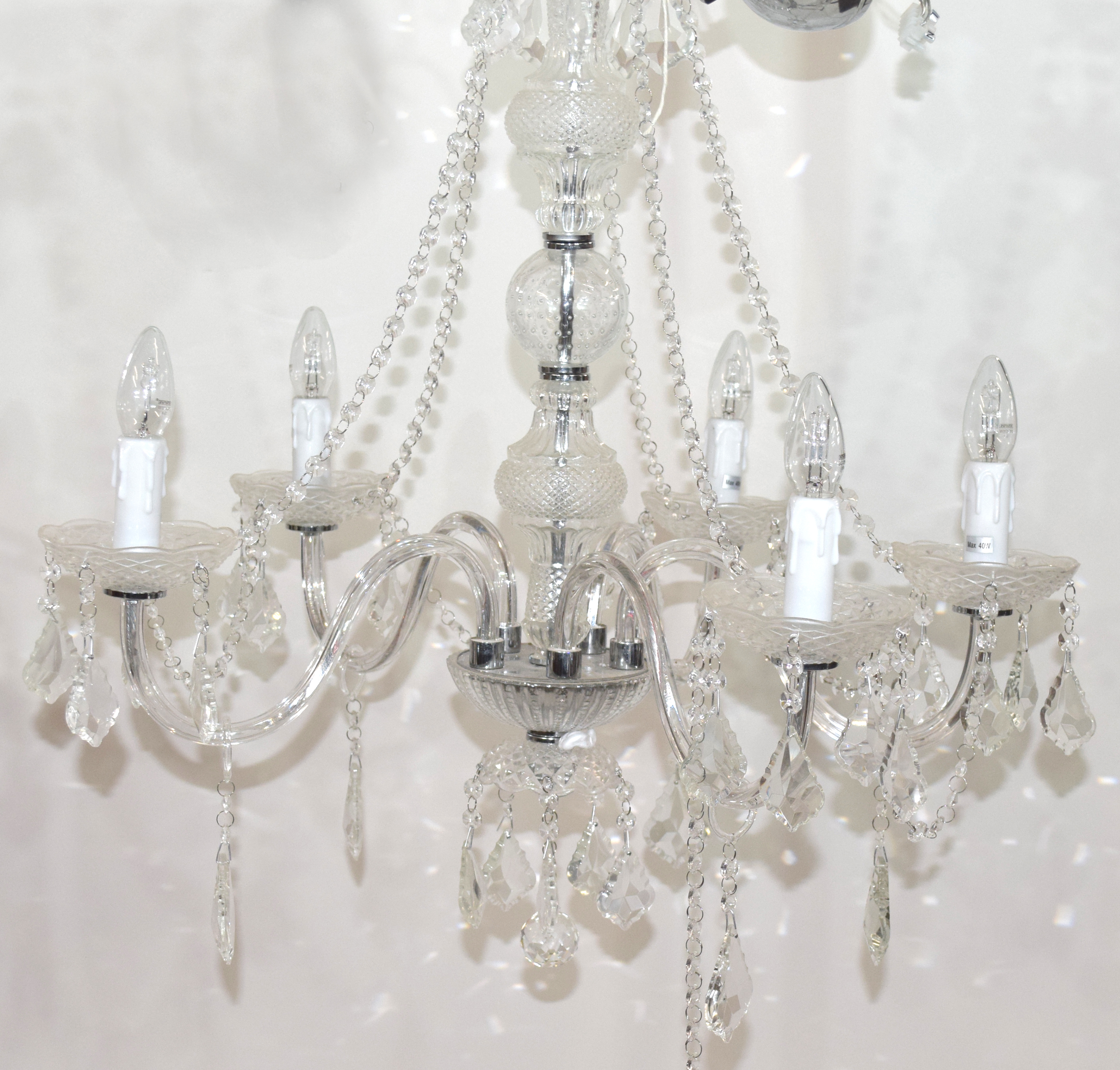 Contemporary five-light chandelier set with clear prismatic glass drops, approx 75cm high Condition: - Image 2 of 2