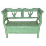 Painted pine settle with storage seat 119cm wide Condition: Paint work in worn condition^ appears