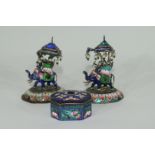 Two enamel Indian elephants with howdahs and a pill box