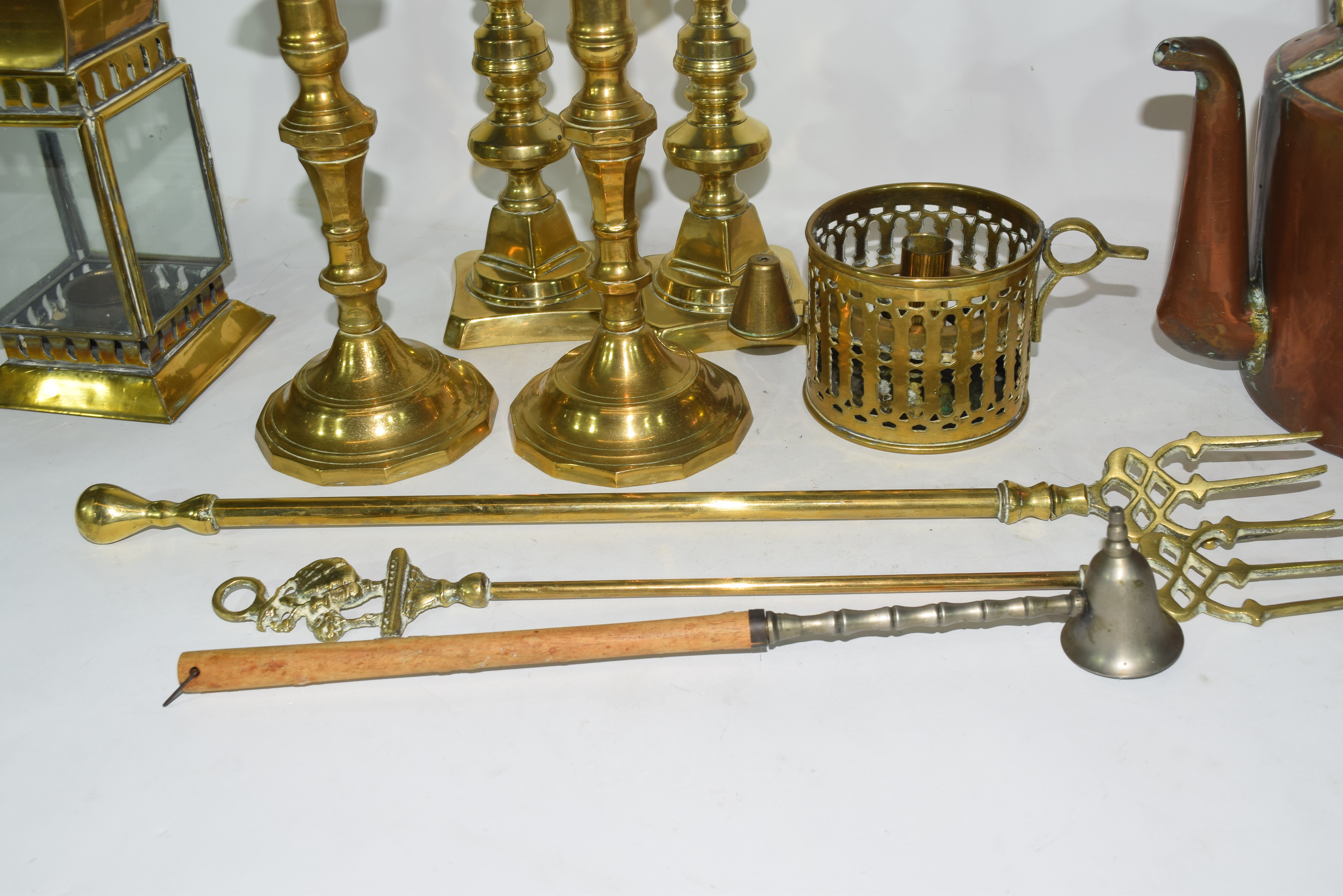 Mixed Lot of copper and brass wares comprising a Victorian warming pan, a kettle, two pairs of - Image 9 of 12