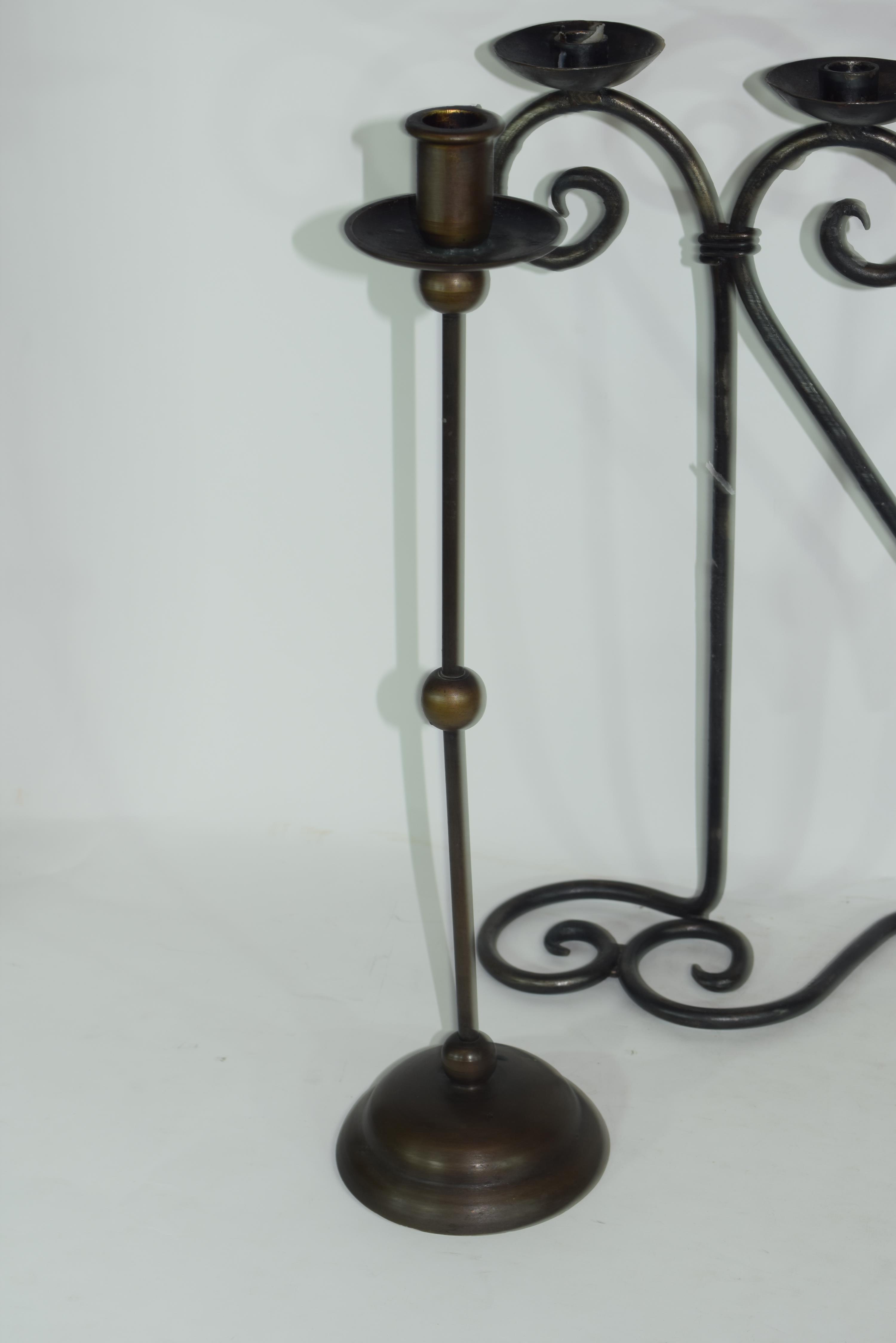 20th century iron four-light candelabra together with a pair of candlesticks (3) Condition: Good - Image 2 of 8