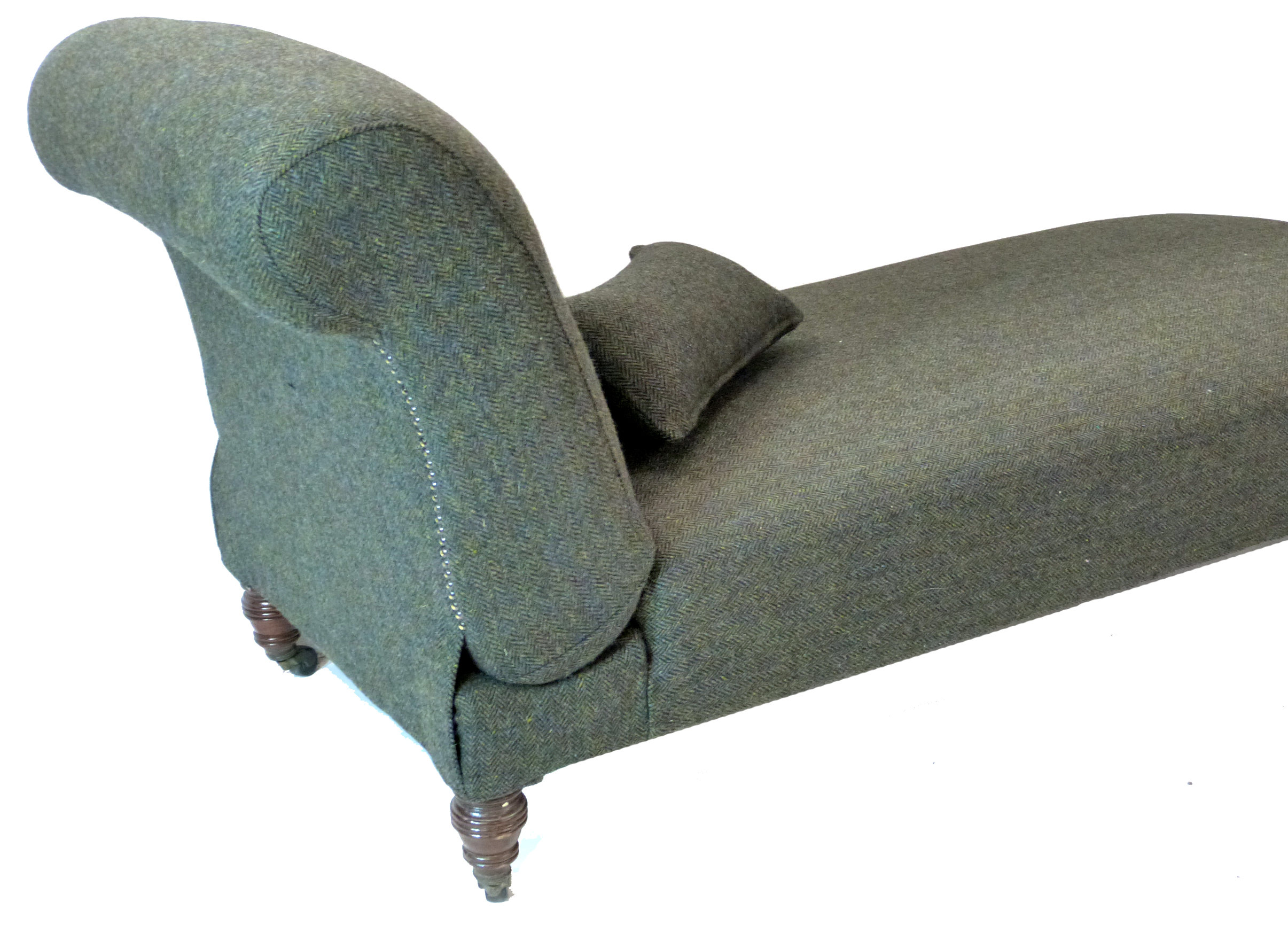 Victorian chaise longue with adjustable backrest, recently re-upholstered in dark Harris tweed - Image 3 of 6